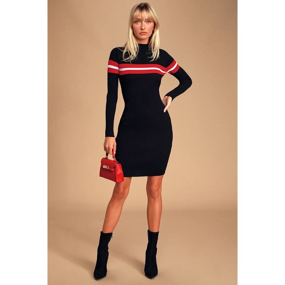 Lulus Blaire Black Striped Ribbed Bodycon Sweater Dress